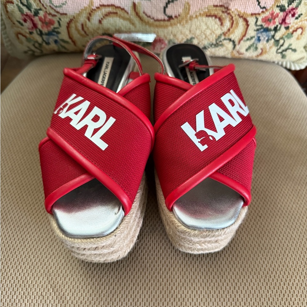 Karl Lagerfeld Red and Silver Platform Sandals
